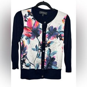 St. John Navy‎ Silk/Cashmere Blend Cardigan Floral Silk Front Size P 0/2